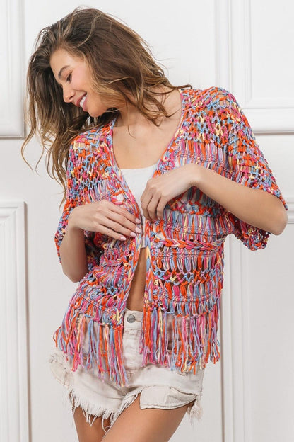BiBi Open Front Fringed Crop Knit Cardigan Carauana Store