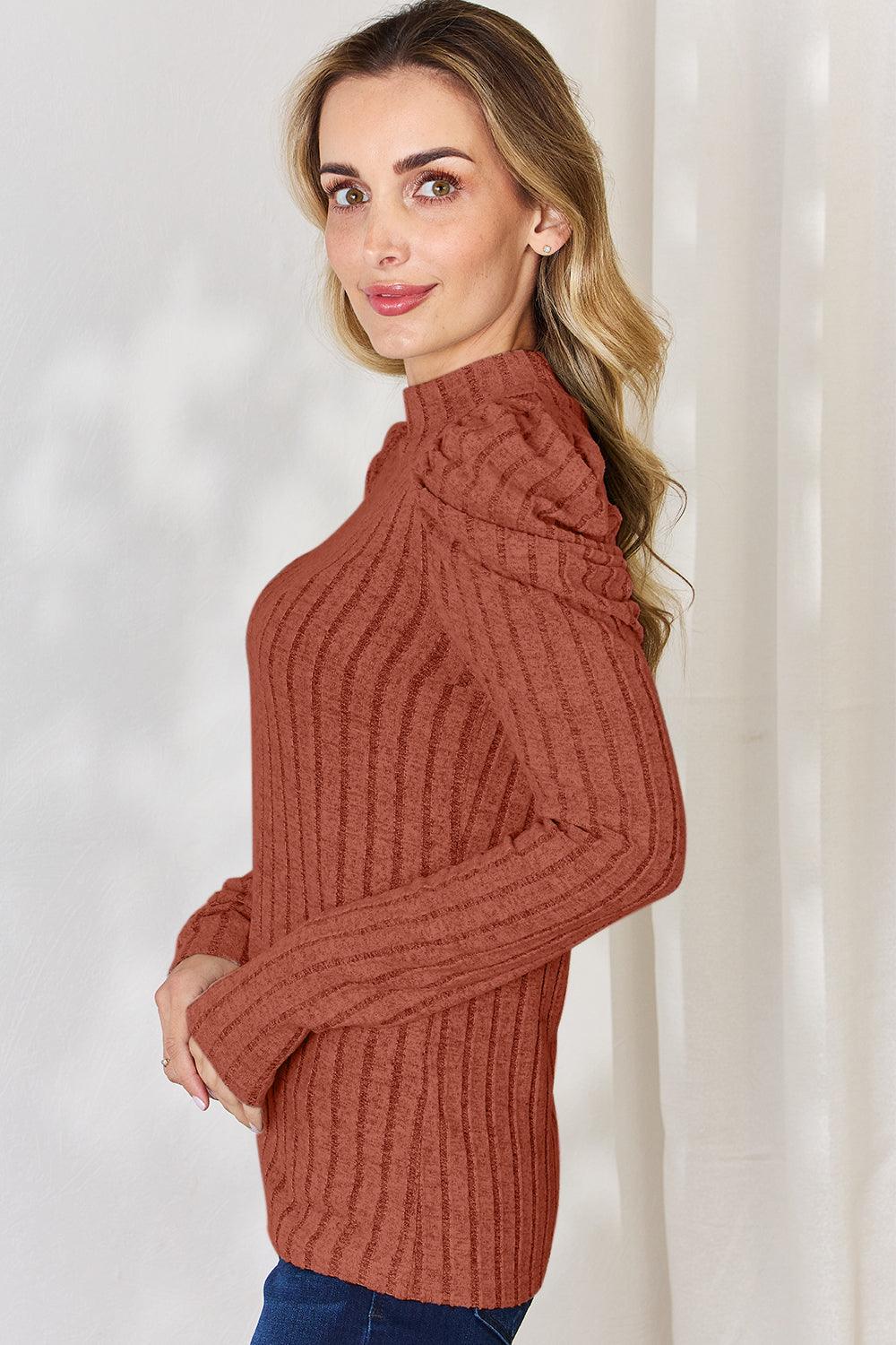 Basic Bae Full Size Ribbed Mock Neck Puff Sleeve T-Shirt Carauana Store