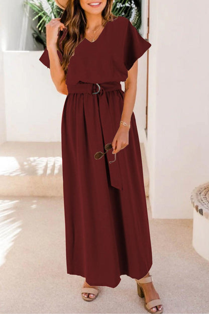 Ruched V-Neck Cap Sleeve Dress Carauana Store