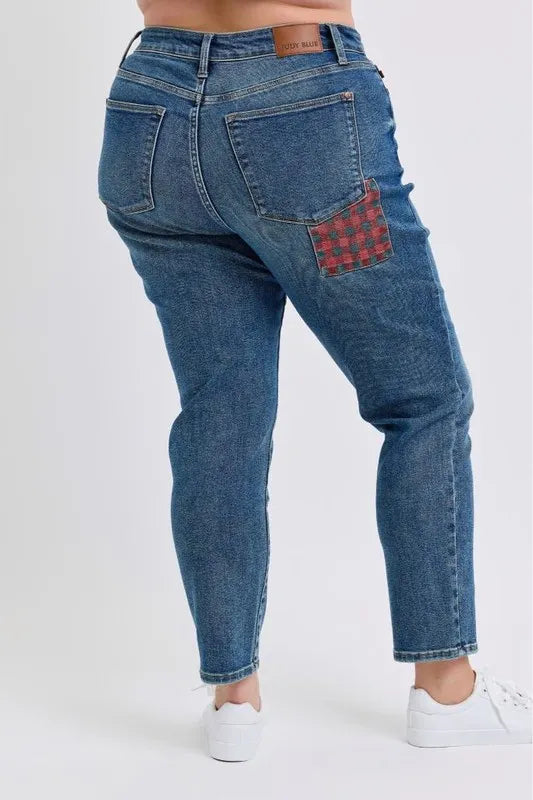 Judy Blue Full Size HW Plaid Patch Slim Fit Jeans Plus Size Carauana Store