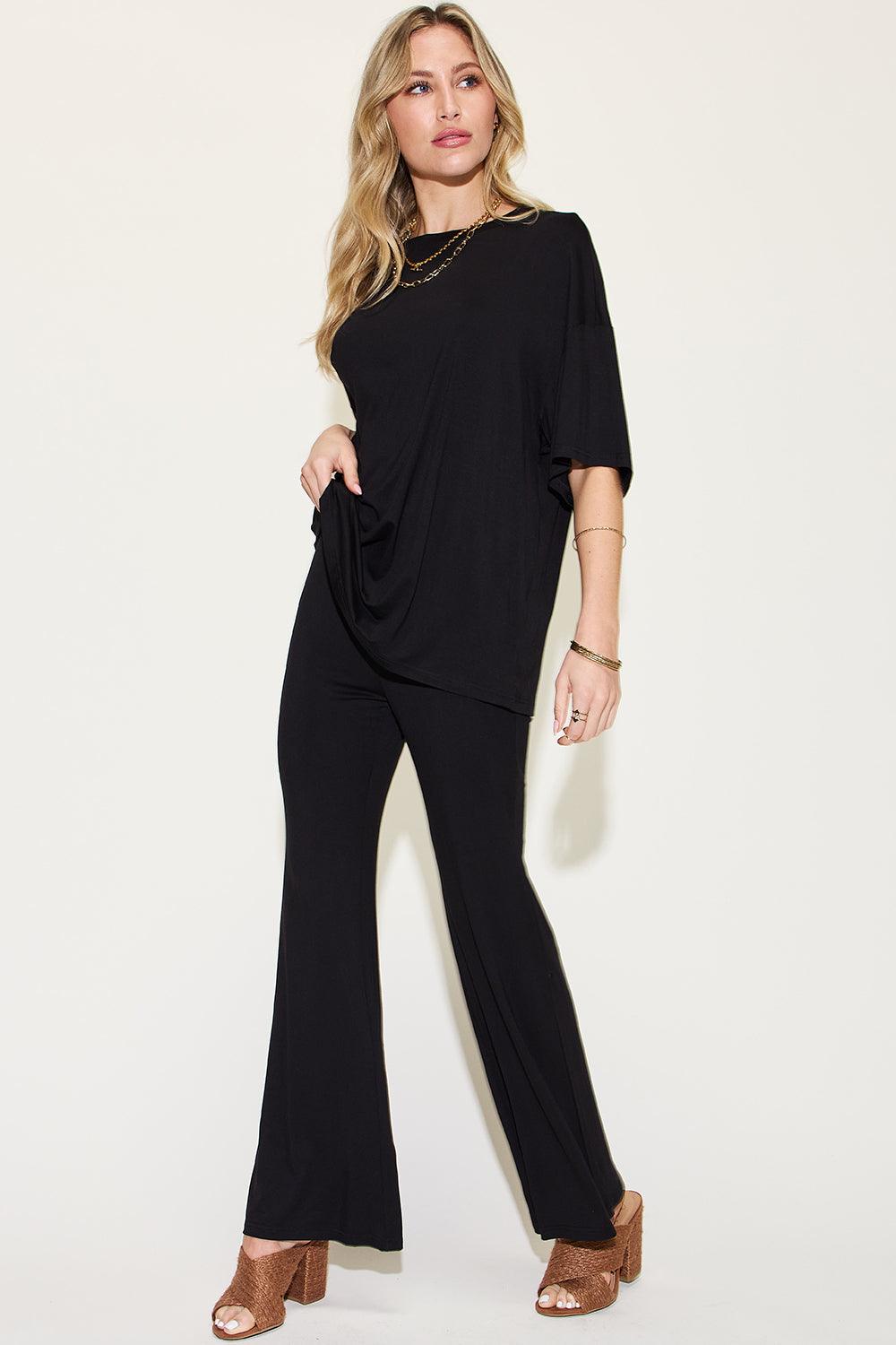 Basic Bae Full Size Bamboo Drop Shoulder T-Shirt and Flare Pants Set Carauana Store