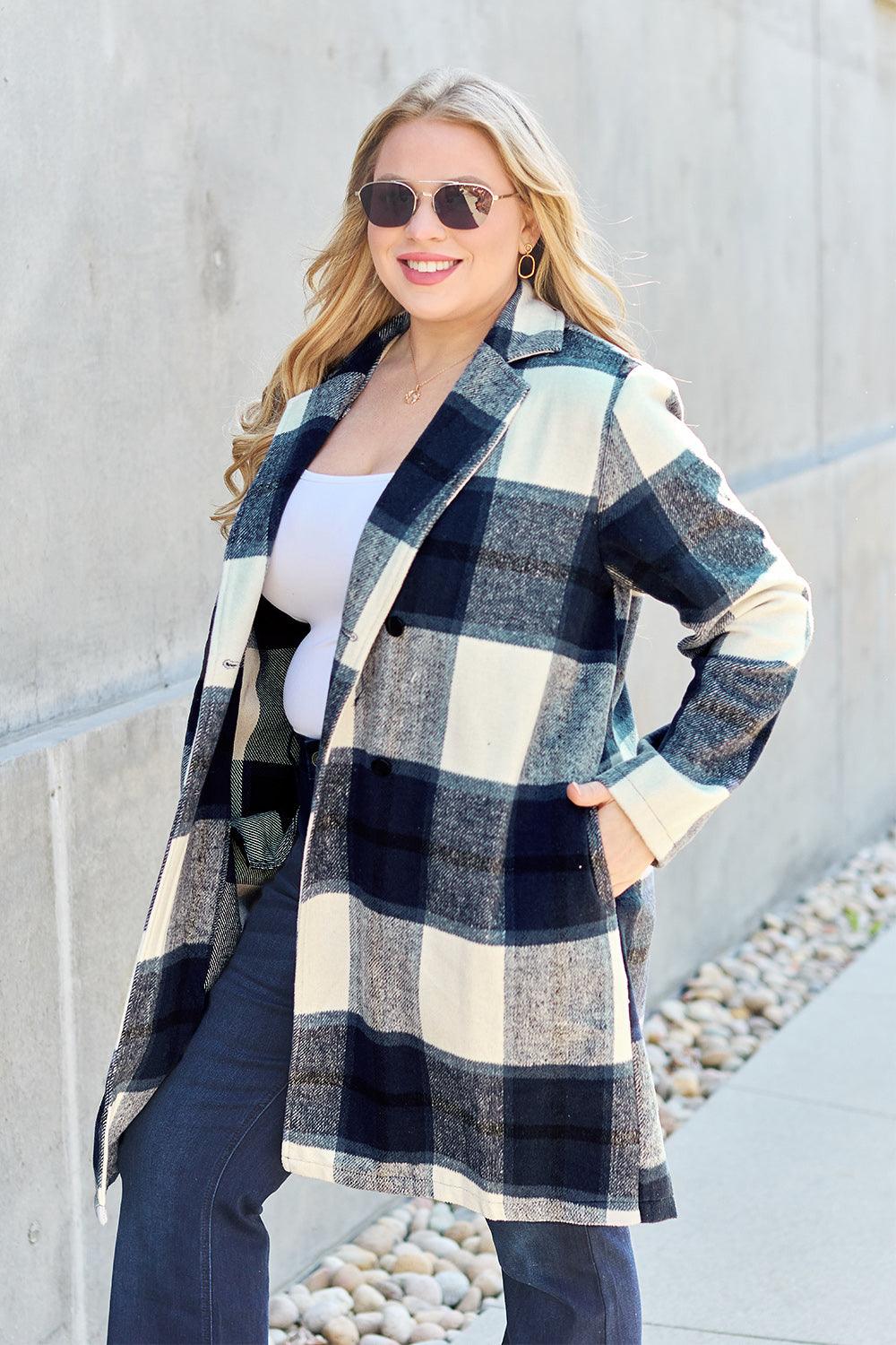 Double Take Full Size Plaid Button Up Lapel Collar Coat Carauana Store