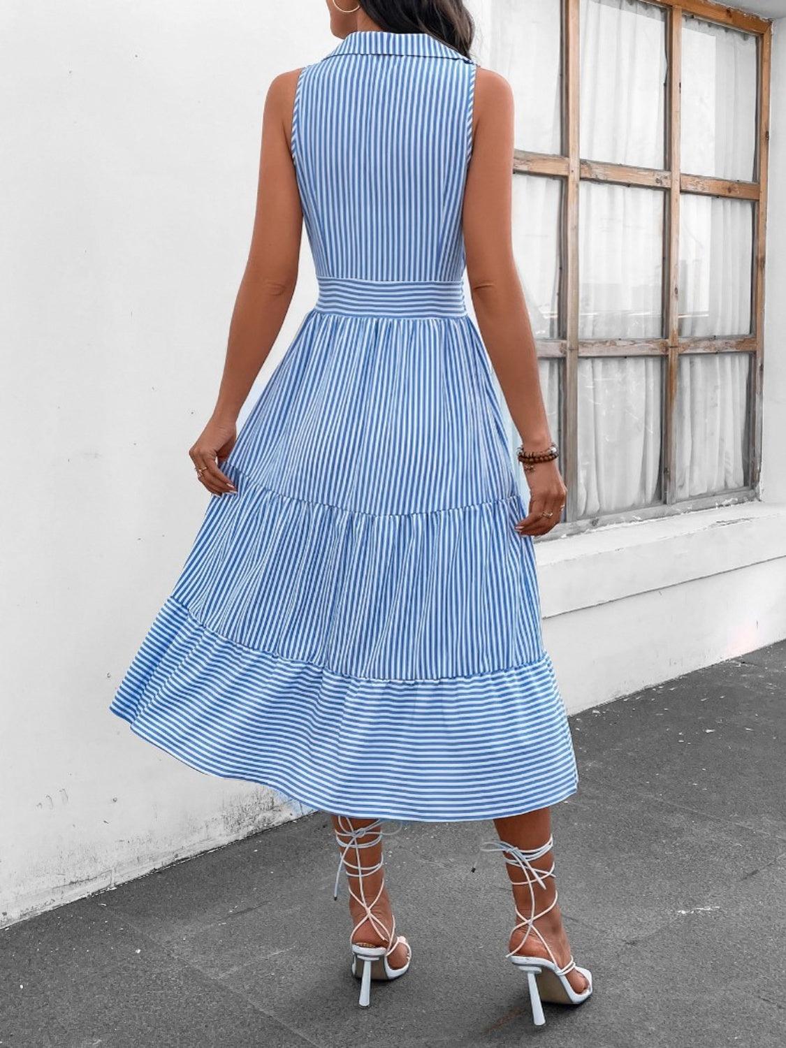 Striped Johnny Collar Sleeveless Midi Dress Carauana Store