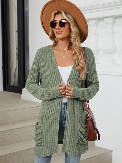 Pocketed Open Front Long Sleeve Cardigan Carauana Store