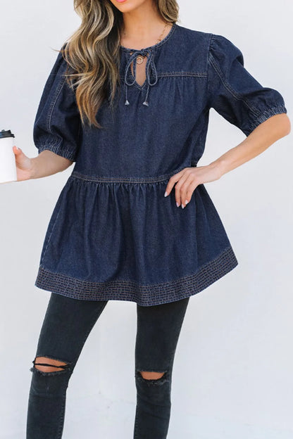 Tie Neck Babydoll Denim Top Carauana Store
