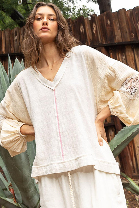 POL Balloon Sleeve Crochet Patch Top Carauana Store