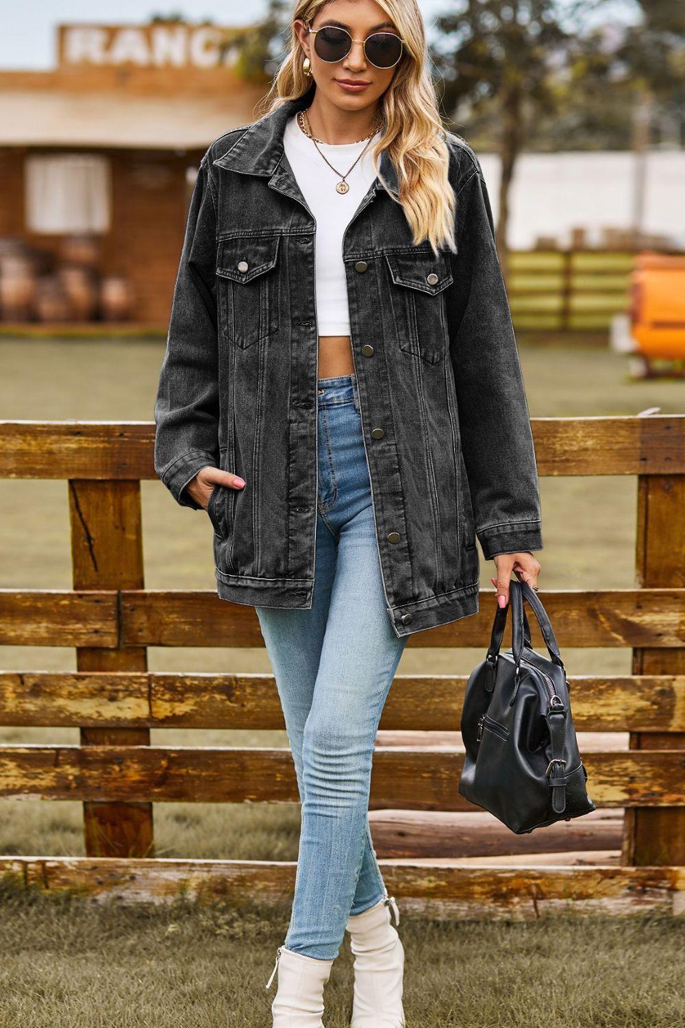 Buttoned Collared Neck Denim Jacket with Pockets Carauana Store