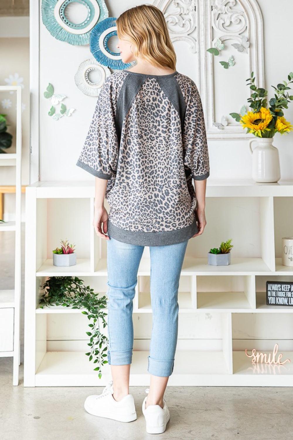 Heimish Full Size Leopard Contrast V-Neck Half Sleeve T-Shirt Carauana Store