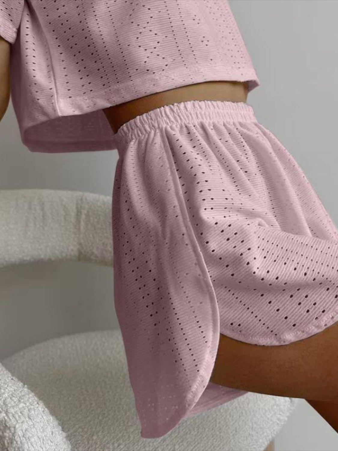 Eyelet Round Neck Top and Shorts Set Carauana Store