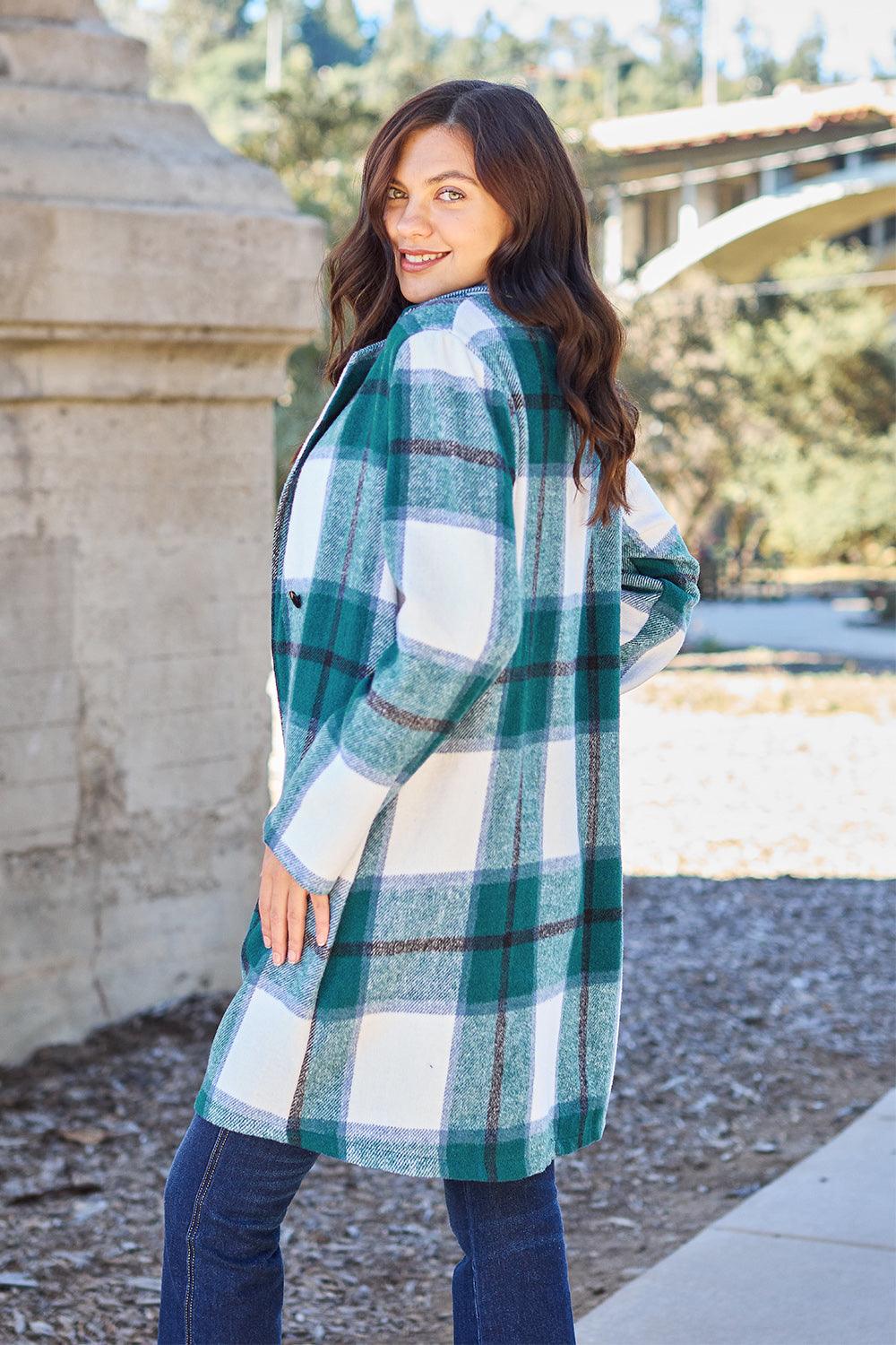 Double Take Full Size Plaid Button Up Lapel Collar Coat Carauana Store