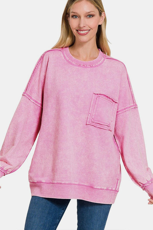 Zenana Exposed Seam Round Neck Dropped Shoulder Sweatshirt Carauana Store