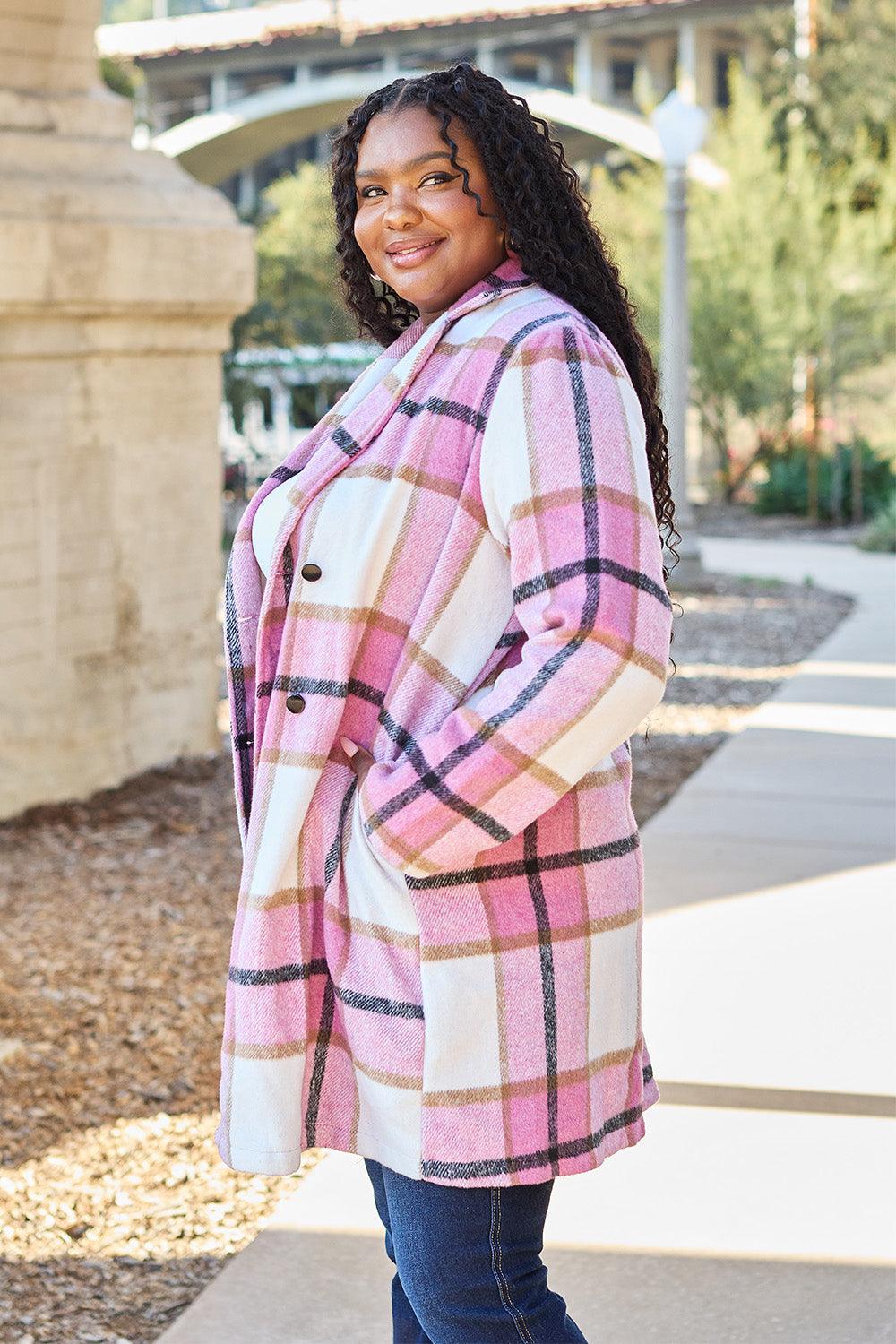 Double Take Full Size Plaid Button Up Lapel Collar Coat Carauana Store