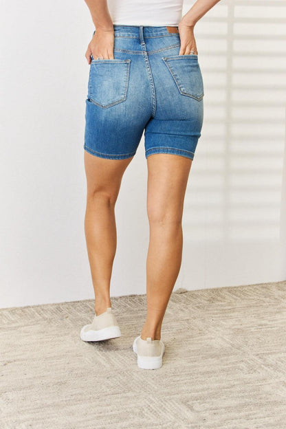 Judy Blue Full Size Tummy Control Double Button Bermuda Denim Shorts Carauana Store