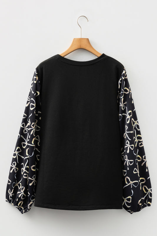 Black Bow Knot Patchwork Crewneck Plus Size Blouse