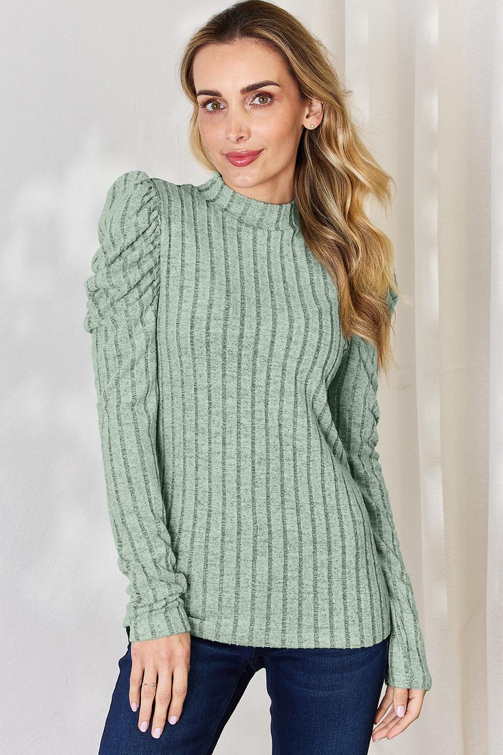 Basic Bae Full Size Ribbed Mock Neck Puff Sleeve T-Shirt Carauana Store