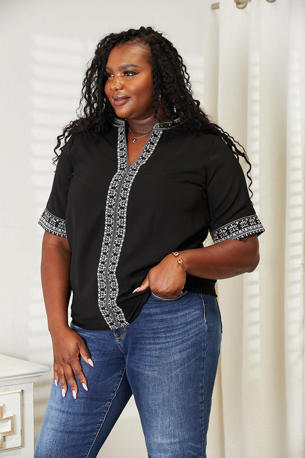 Double Take Embroidered Notched Neck Top Carauana Store