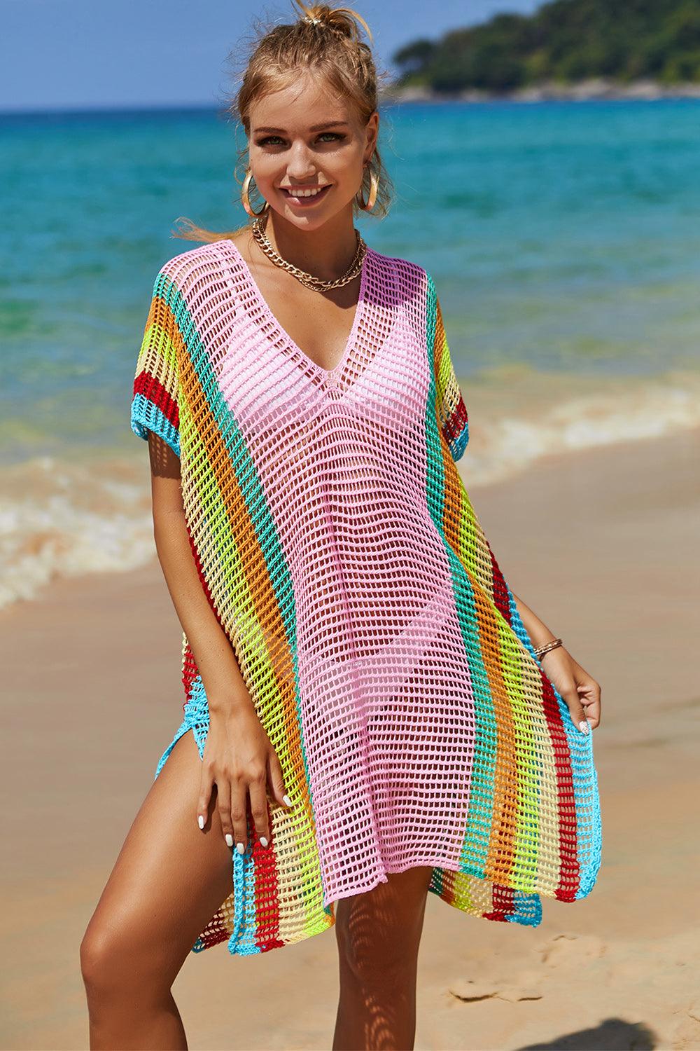 Double Take Openwork Striped Slit Knit Cover Up Carauana Store