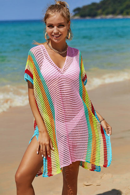 Double Take Openwork Striped Slit Knit Cover Up Carauana Store