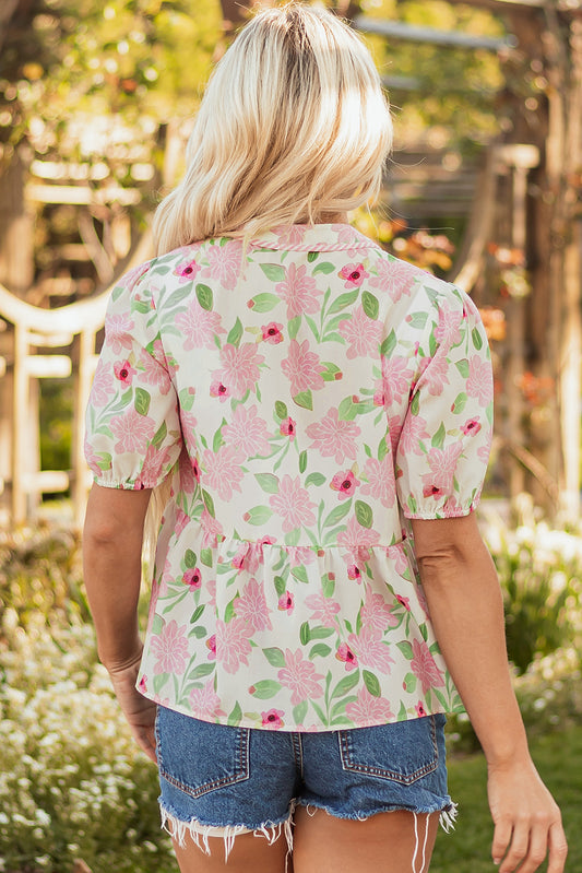 Pink Floral Print Drawstring V Neck Peplum Blouse