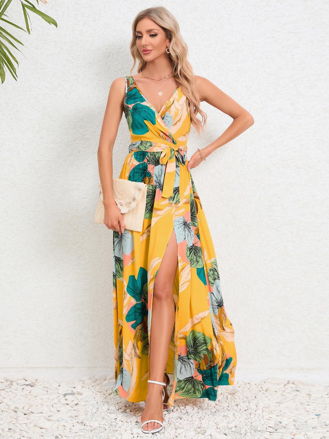 Slit Tied Printed Surplice Dress Carauana Store