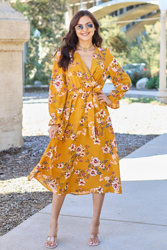 Double Take Full Size Floral Tie Back Flounce Sleeve Dress Carauana Store