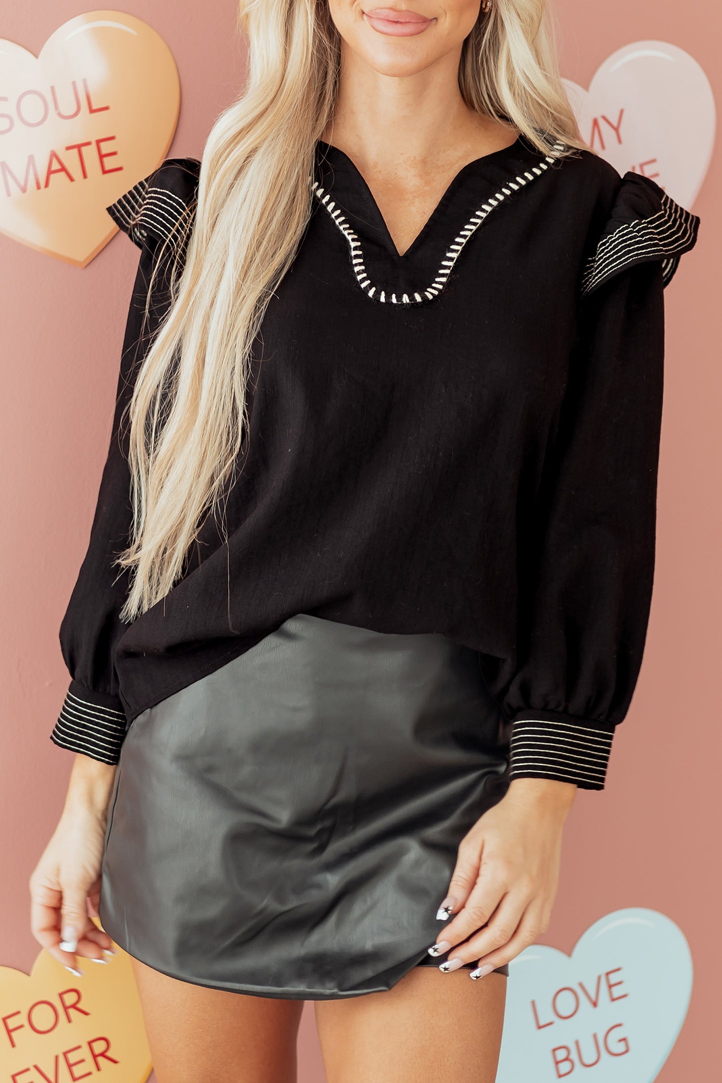 Black Contrast Stitched Detail V Neck Ruffle Long Sleeve Blouse