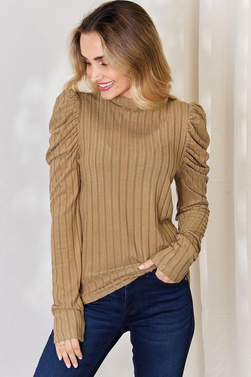 Basic Bae Full Size Ribbed Mock Neck Puff Sleeve T-Shirt Carauana Store