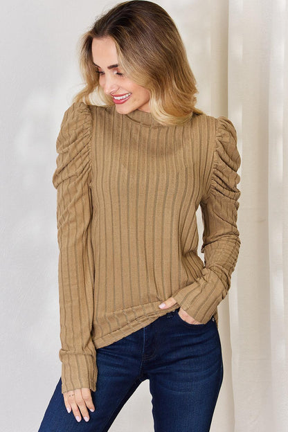 Basic Bae Full Size Ribbed Mock Neck Puff Sleeve T-Shirt Carauana Store