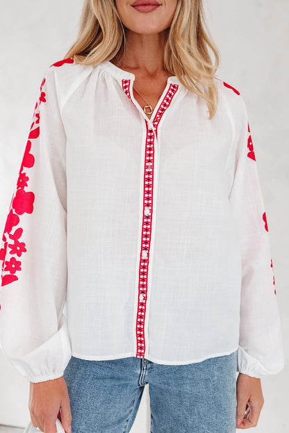 White Floral Embroidered Puff Long Sleeve Casual Shirt