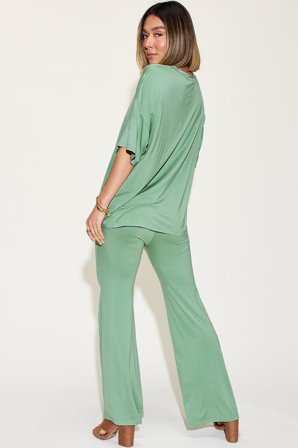 Basic Bae Full Size Bamboo Drop Shoulder T-Shirt and Flare Pants Set Carauana Store