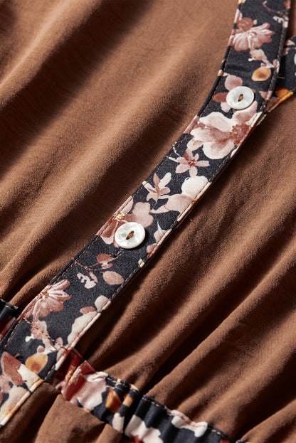 Chestnut Floral Patchwork Detail Notched Neck Long Sleeve Maxi Dress