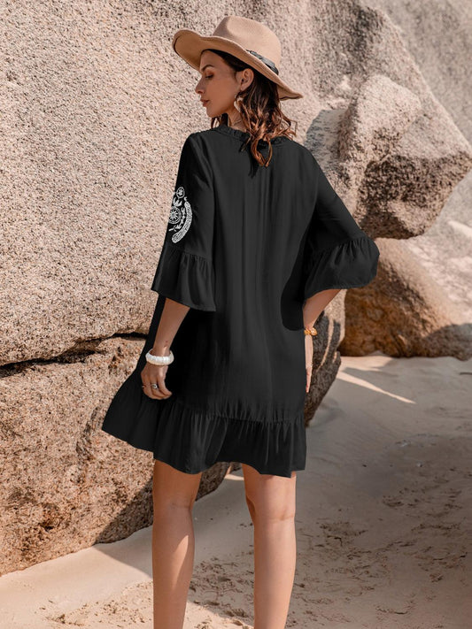 Printed Tie Neck Flounce Sleeve Mini Dress Carauana Store