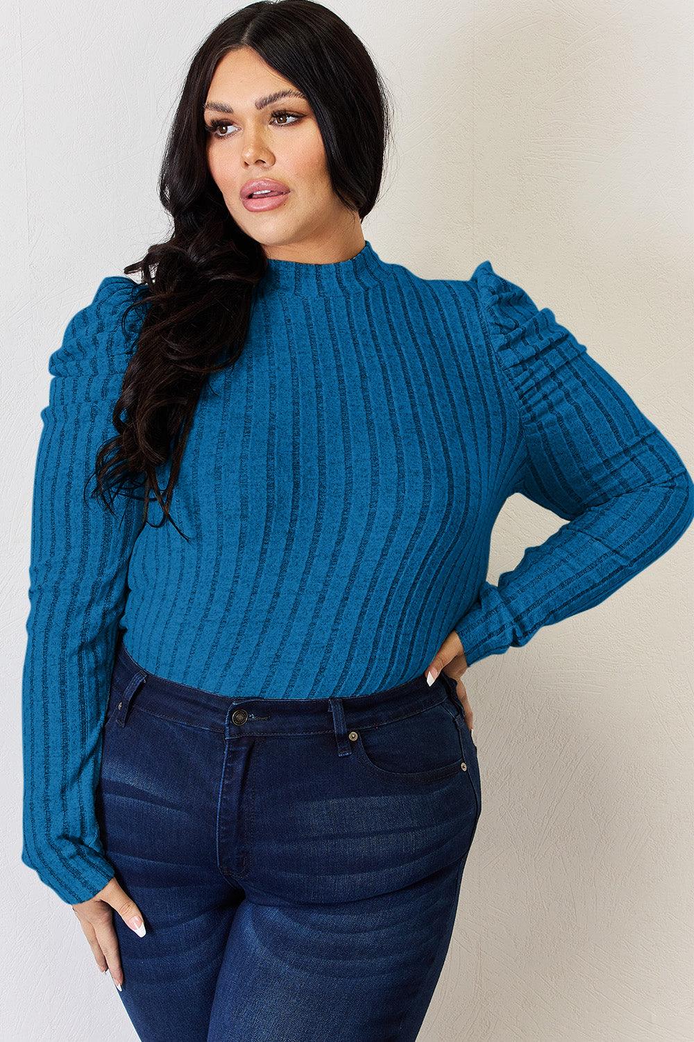 Basic Bae Full Size Ribbed Mock Neck Puff Sleeve T-Shirt Carauana Store