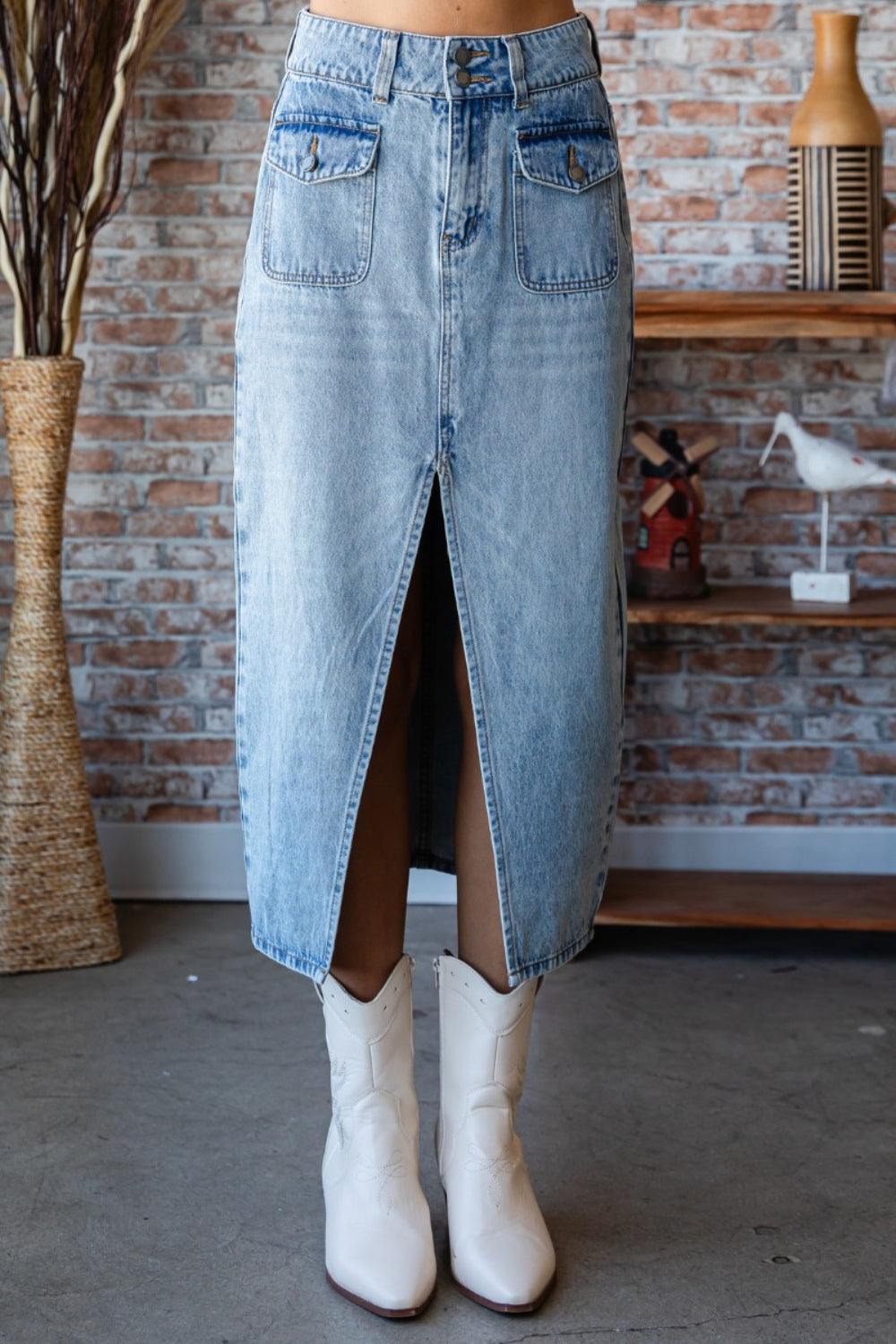 Veveret Slit Mid Rise Waist Denim Skirt Carauana Store
