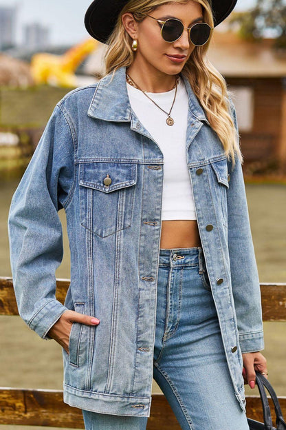 Buttoned Collared Neck Denim Jacket with Pockets Carauana Store