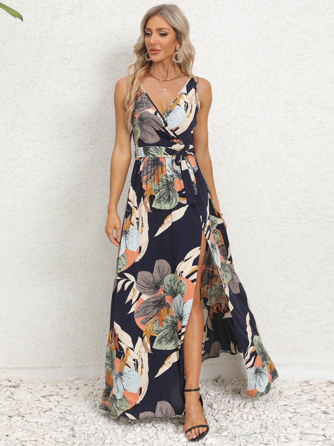 Slit Tied Printed Surplice Dress Carauana Store