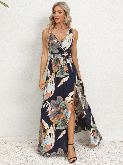Slit Tied Printed Surplice Dress Carauana Store