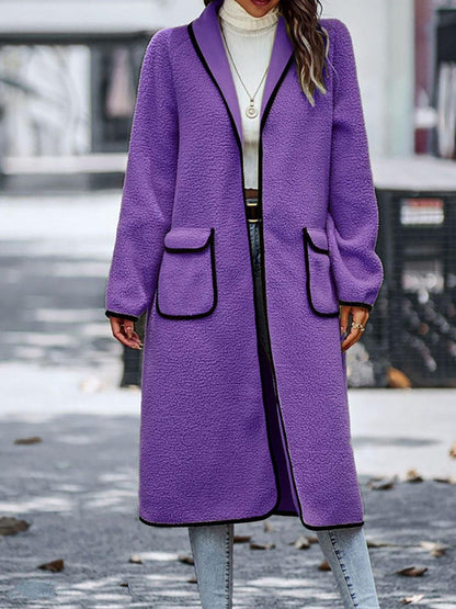 Full Size Contrast Trim Long Sleeve Coat with Pockets Carauana Store