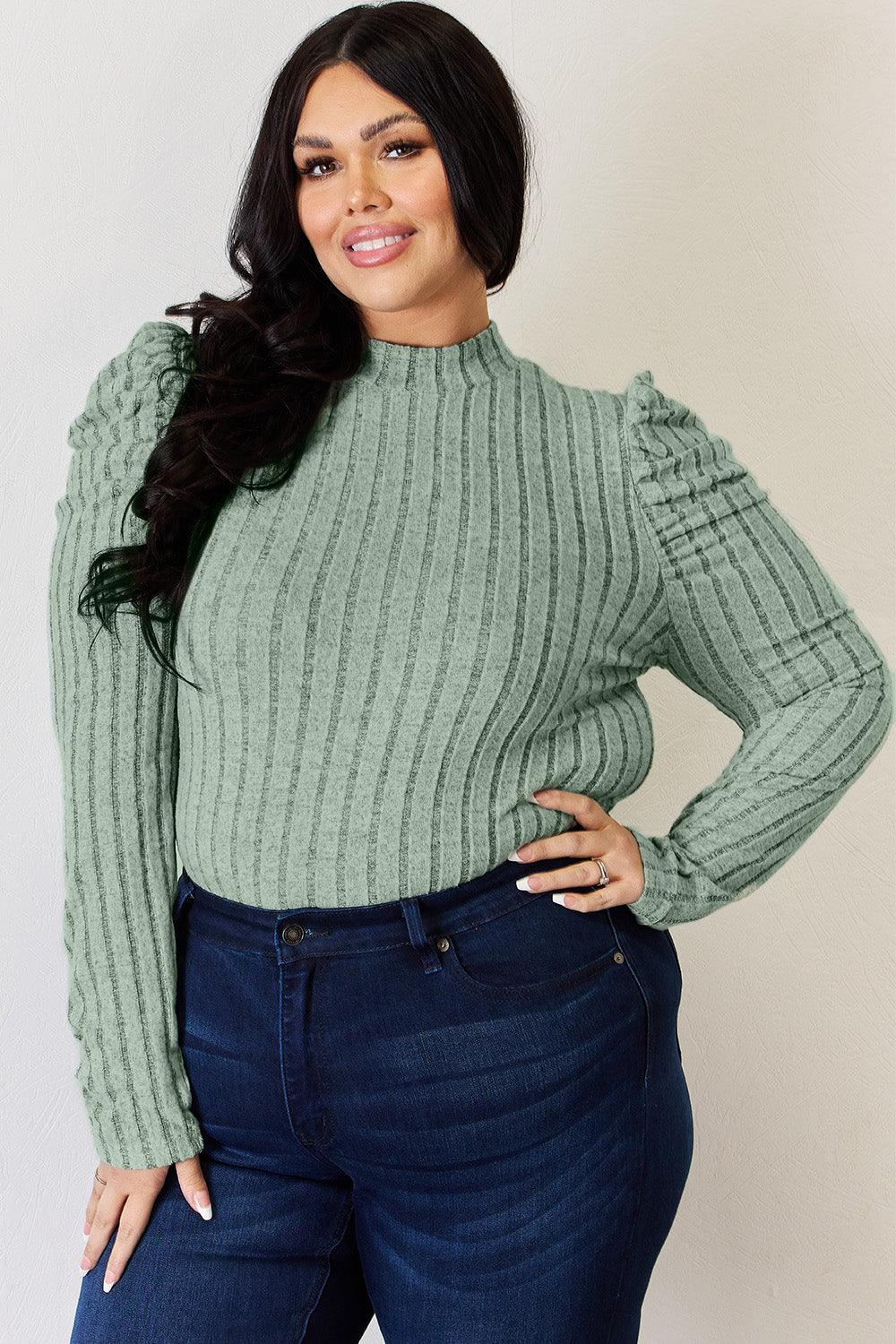 Basic Bae Full Size Ribbed Mock Neck Puff Sleeve T-Shirt Carauana Store