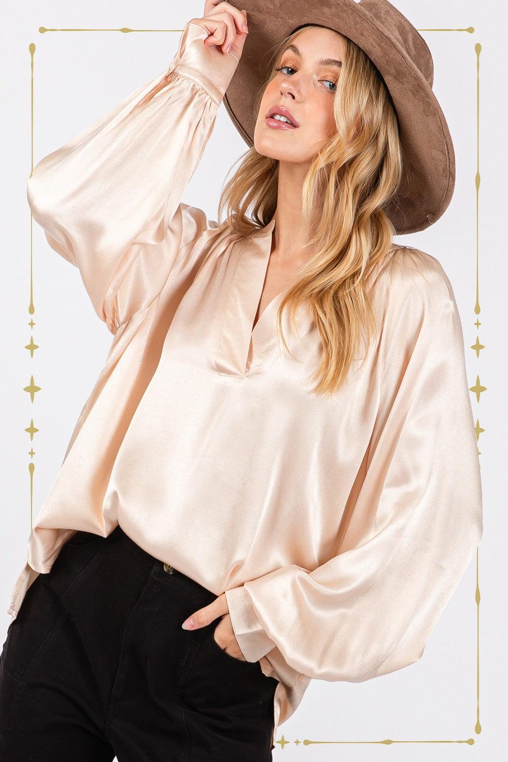 SAGE + FIG Notched Long Sleeve Blouse Carauana Store