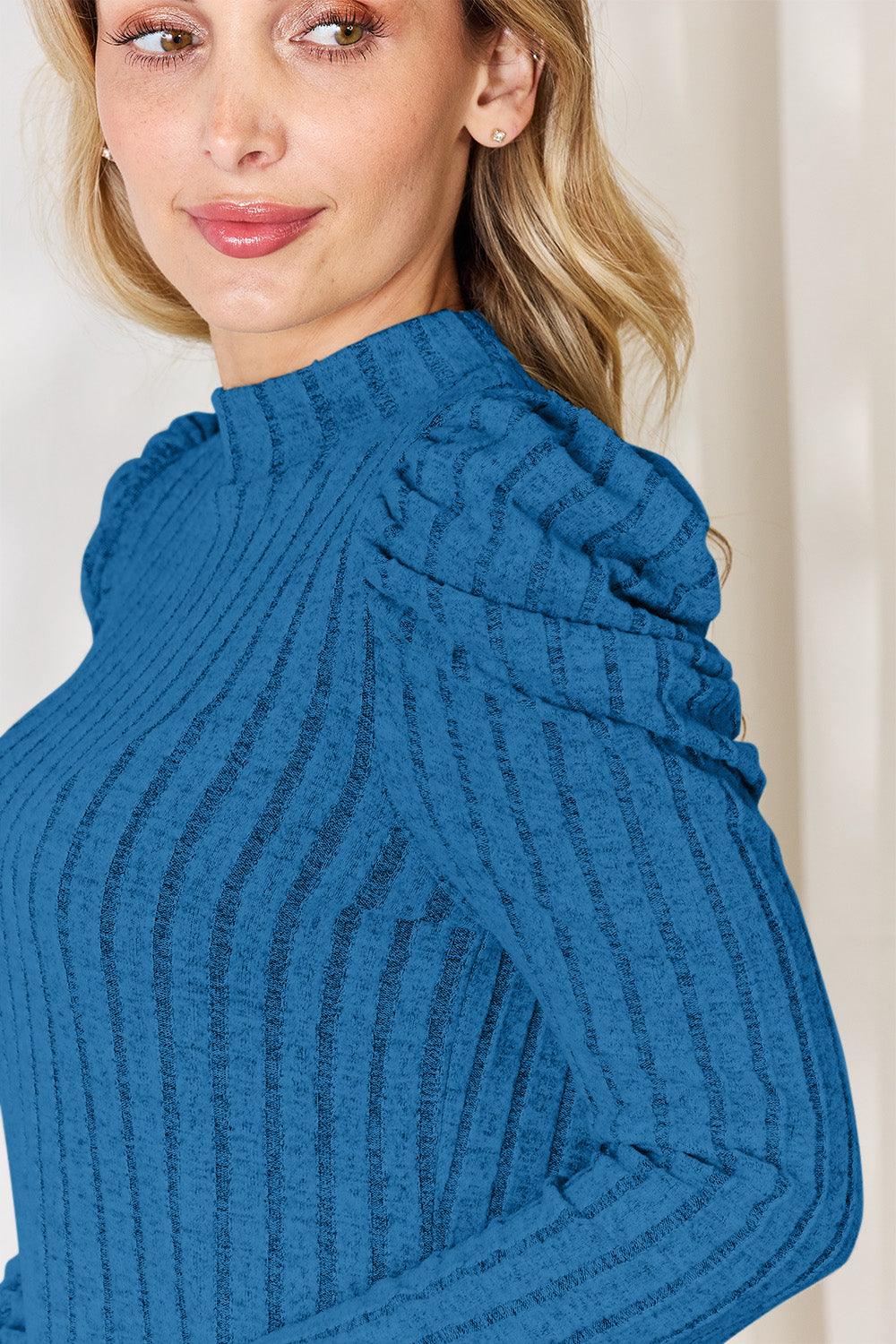 Basic Bae Full Size Ribbed Mock Neck Puff Sleeve T-Shirt Carauana Store