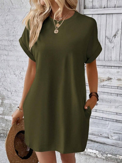 Pocketed Round Neck Short Sleeve Dress Carauana Store