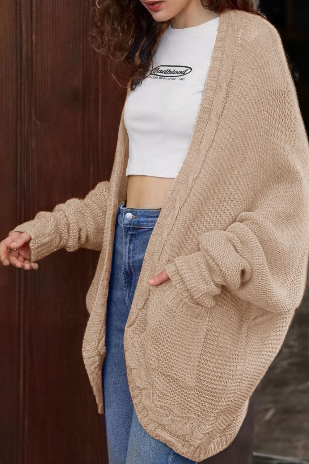 Cable-Knit Open Front Cardigan with Pockets Carauana Store