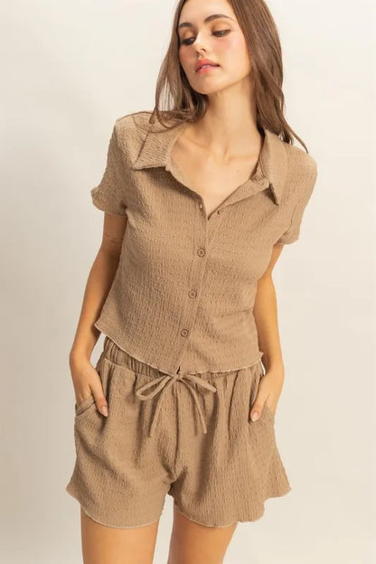 HYFVE Textured Short Sleeve Top and Drawstring Shorts Knit Set Carauana Store