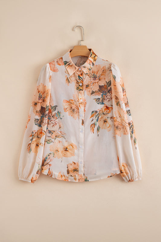 Orange Floral Puff Sleeve Lightweight Shirt