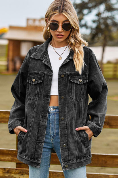 Buttoned Collared Neck Denim Jacket with Pockets Carauana Store