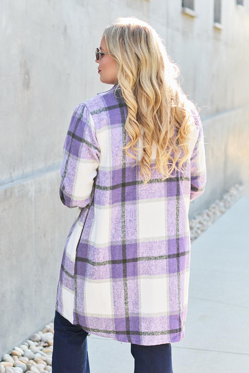 Double Take Full Size Plaid Button Up Lapel Collar Coat Carauana Store