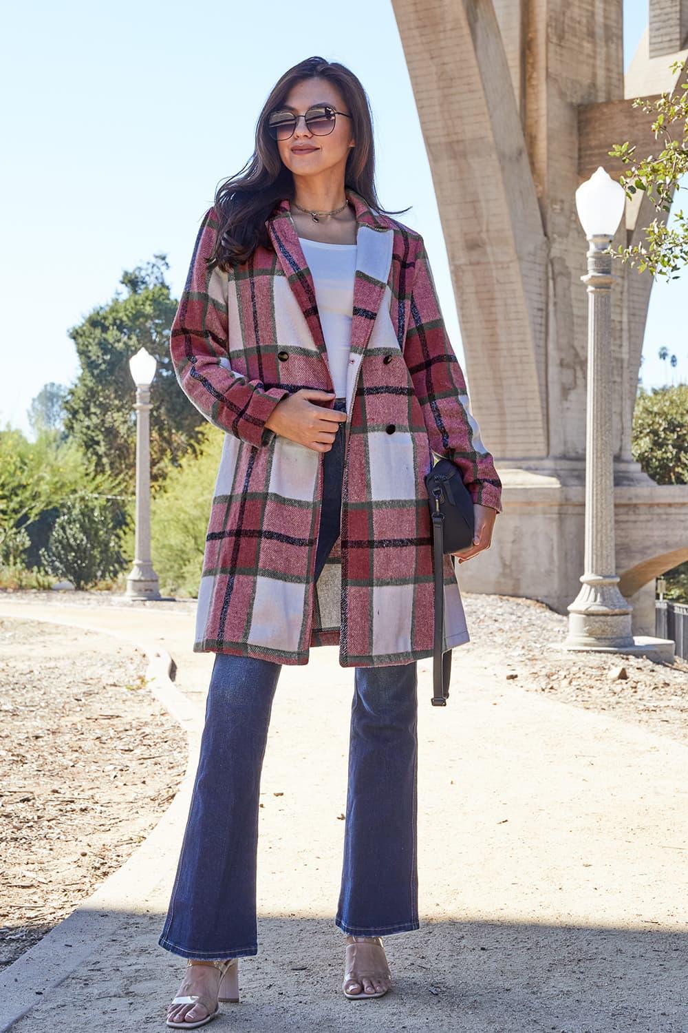Double Take Full Size Plaid Button Up Lapel Collar Coat Carauana Store