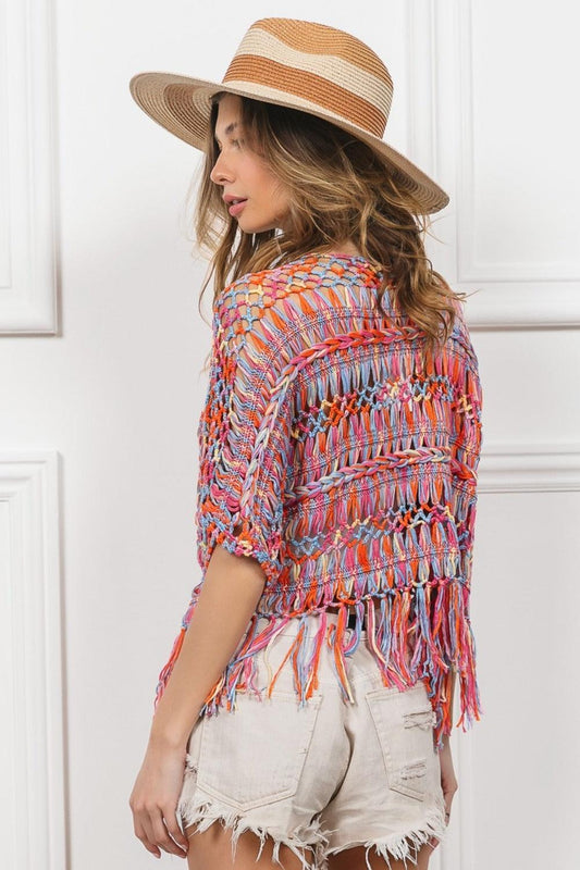 BiBi Open Front Fringed Crop Knit Cardigan Carauana Store