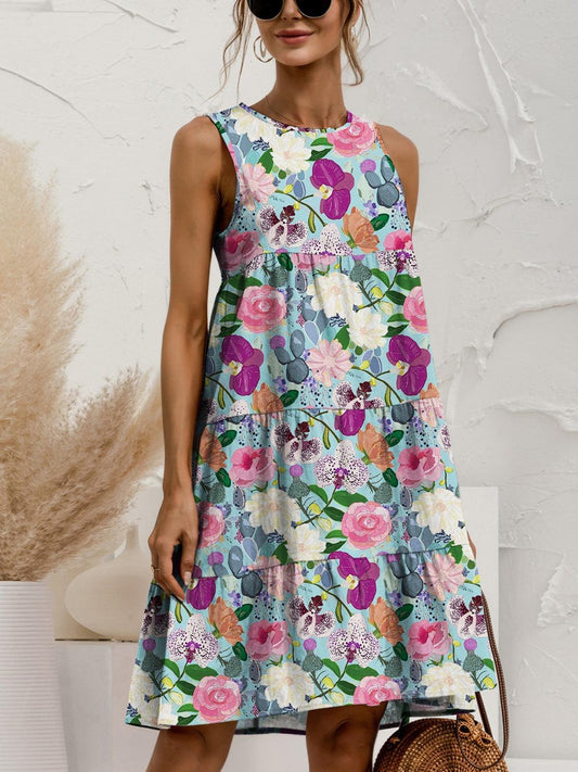 Printed Round Neck Sleeveless Tiered Dress Carauana Store